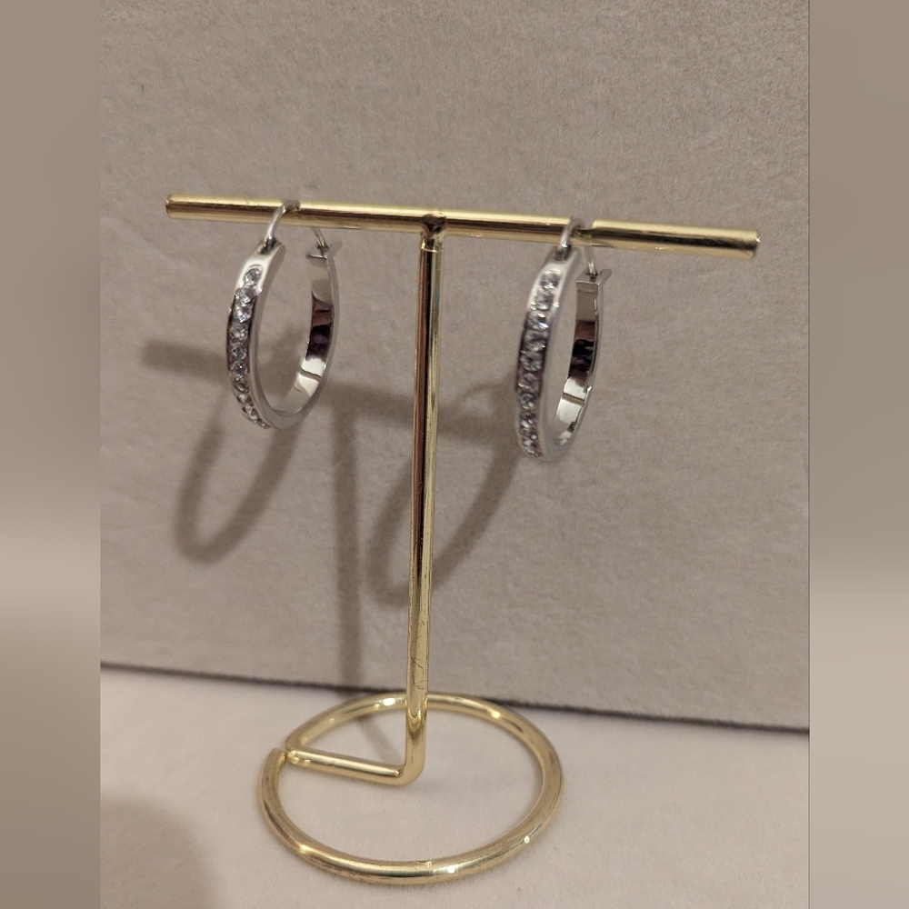 New Silver 1" Hoop Earrings with Crystals
